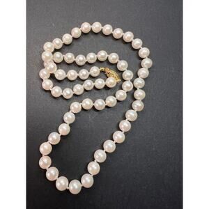 Vintage restrung 7 mm white cultured pearl 18 inch necklace with 14k gold clasp